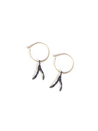 14k gold hoop with oxidized small silver double branch